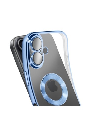 Cover in Silicone per iPhone 17 con Protezione Fotocamera - Trasparente Bordo Cromato Azzurro