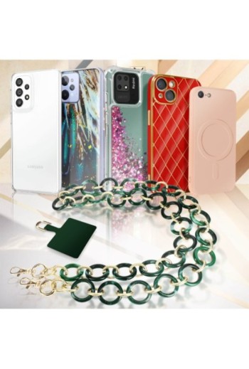 Gioiello per smartphone catena maglie larghe 120 cm Moxie serie Athena - verde e oro