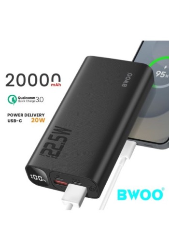 Batteria Esterna 20000mAh con 2 USB + USB-C e Schermo LED - Bwoo Nero