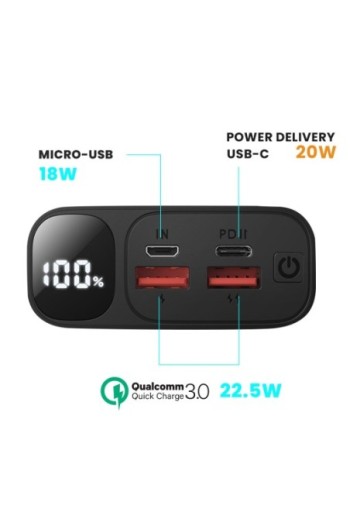 Batteria Esterna 20000mAh con 2 USB + USB-C e Schermo LED - Bwoo Nero