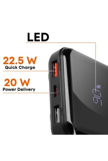 Powerbank 10000mAh + cavo Lightning - USB-C integrati - nero LinQ