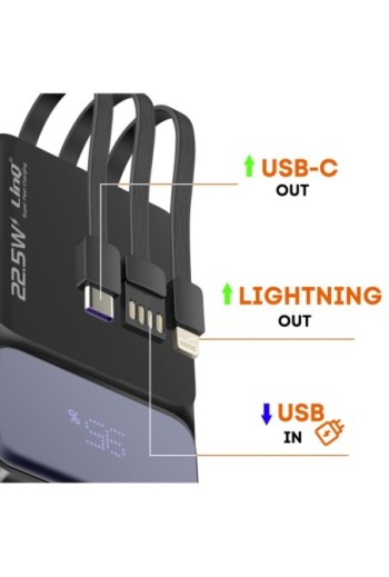 Batteria esterna 10000mAh + cavi USB - Lightning - USB-C - LinQ nero