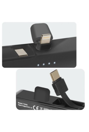 Caricatore di emergenza 6000mAh cavo USB-C + connettore Lightning - nero