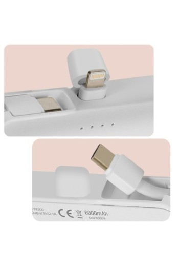 Caricatore di emergenza 6000mAh cavo USB-C + connettore Lightning - bianco