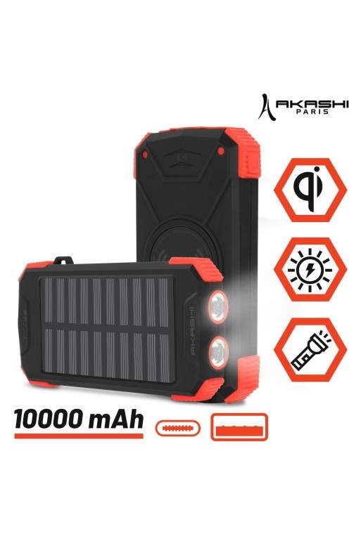 Powerbank solare da 10000 mAh USB / USB-C + ricarica wireless antiurto torcia elettrica Akashi - nero