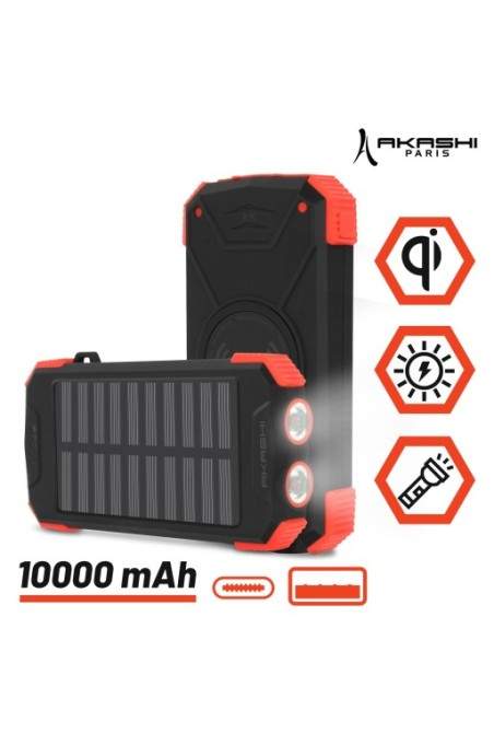 Powerbank solare da 10000 mAh USB / USB-C + ricarica wireless antiurto torcia elettrica Akashi - nero