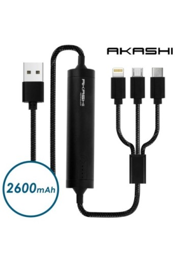 Powerbank compatta e leggera Akashi nera 2600 mAh + cavo 3 in 1 Lightning / USB-C / Micro-USB