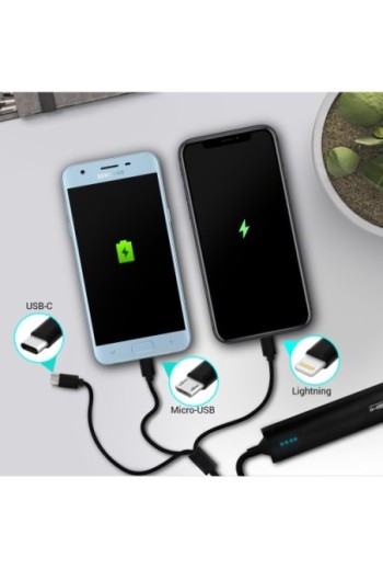 Powerbank compatta e leggera Akashi nera 2600 mAh + cavo 3 in 1 Lightning / USB-C / Micro-USB