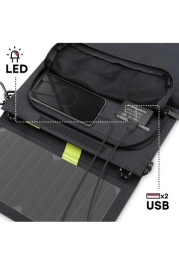 Caricatore solare doppio USB 20W impermeabile e pieghevole nero
