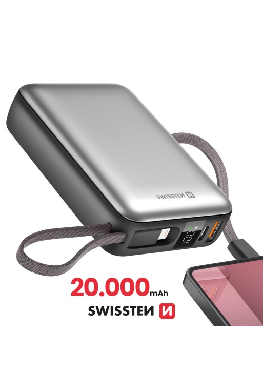 Batteria Esterna 20000mAh con Cavi USB-C e Lightning - Swissten Argento