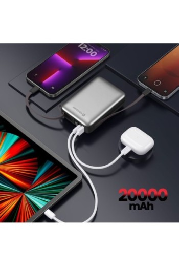 Batteria Esterna 20000mAh con Cavi USB-C e Lightning - Swissten Argento