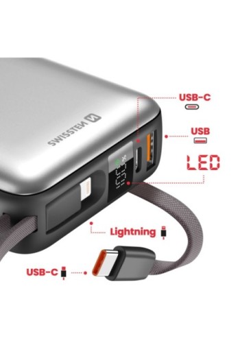 Batteria Esterna 20000mAh con Cavi USB-C e Lightning - Swissten Argento