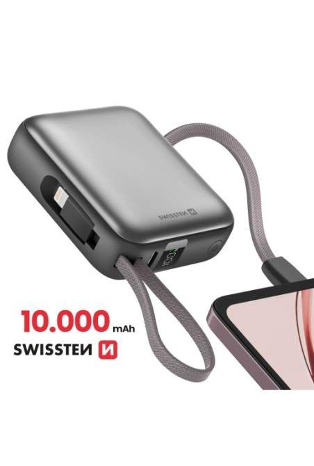 Mini Batteria Esterna 10000mAh con Cavi USB-C e Lightning - Swissten Argento