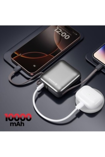 Mini Batteria Esterna 10000mAh con Cavi USB-C e Lightning - Swissten Argento