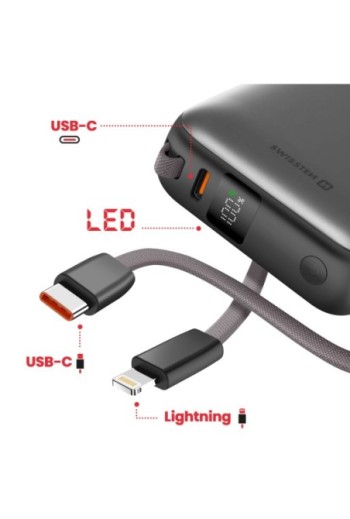 Mini Batteria Esterna 10000mAh con Cavi USB-C e Lightning - Swissten Argento