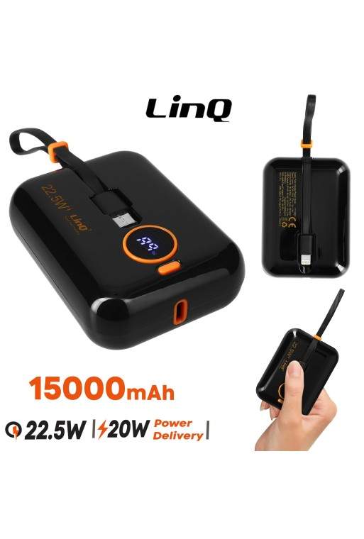 Powerbank 15000 mAh carica rapida USB 22 5W con cavi integrati USB-C 20W e Lightning display LED LinQ - nero