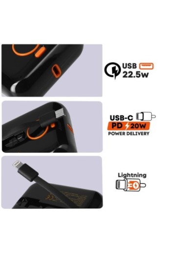Powerbank 15000 mAh carica rapida USB 22 5W con cavi integrati USB-C 20W e Lightning display LED LinQ - nero