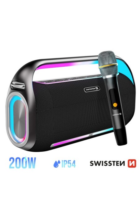 Altoparlante Bluetooth Swissten Harmony 200W Nero con Microfono Karaoke Wireless - Autonomia 13 Ore