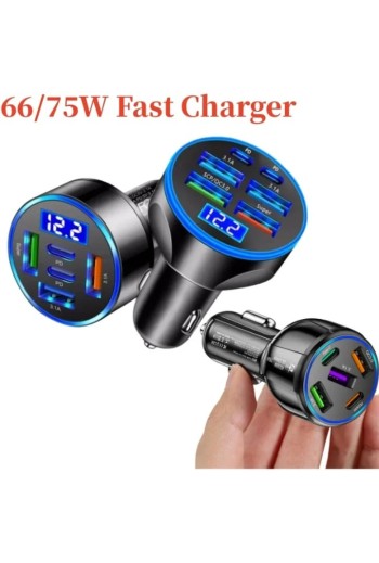 Caricatore Auto 66W/75W Fast Charger con Display LED e 4 Porte USB/Type-C