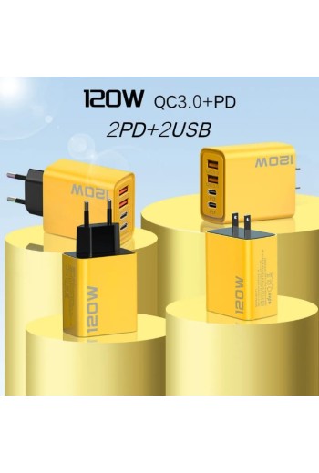 Caricatore da Parete 120W Fast Charge con 4 Porte (USB + Type-C) – QC3.0 + PD