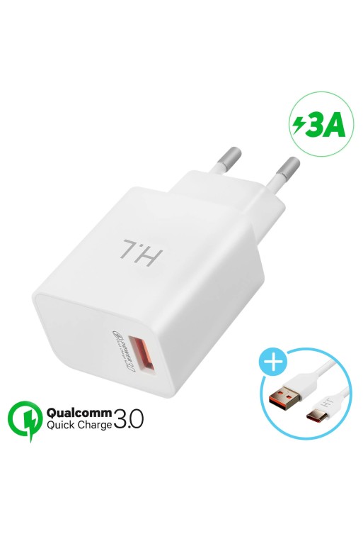 Caricabatterie a Muro 3A Qualcomm Quick Charge 3.0 con Cavo USB Tipo C - Bianco