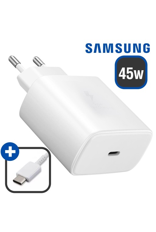 Caricabatterie da Muro USB-C Originale Samsung da 45 W + Cavo da USB-C a USB-C Super Fast Charging 2.0 - Bianco