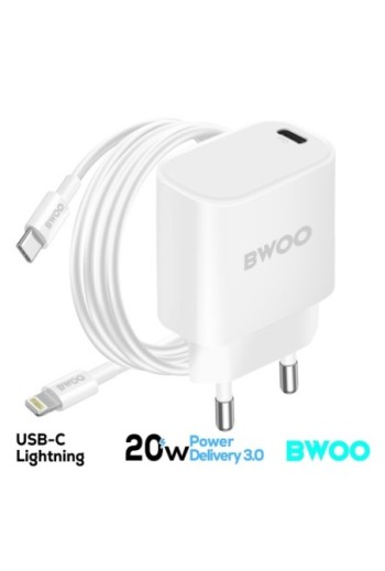 Caricatore da parete USB-C 20W Power Delivery + cavo iPhone Lightning/USB-C - Bwoo