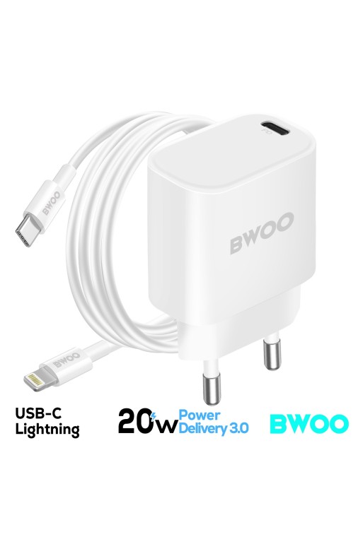Caricatore da parete USB-C 20W Power Delivery + cavo iPhone Lightning/USB-C - Bwoo