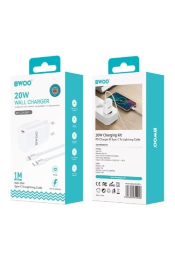 Caricatore da parete USB-C 20W Power Delivery + cavo iPhone Lightning/USB-C - Bwoo