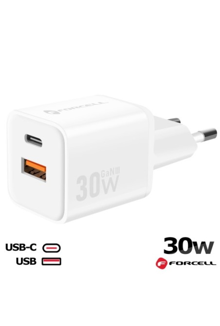 Caricatore da Muro GaN III 30W USB-C + USB - Forcell F-Energy Mini Bianco