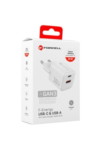 Caricatore da Muro GaN III 30W USB-C + USB - Forcell F-Energy Mini Bianco