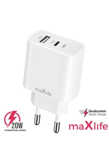 Caricabatterie USB e USB-C Power Delivery 20W Maxlife - bianco