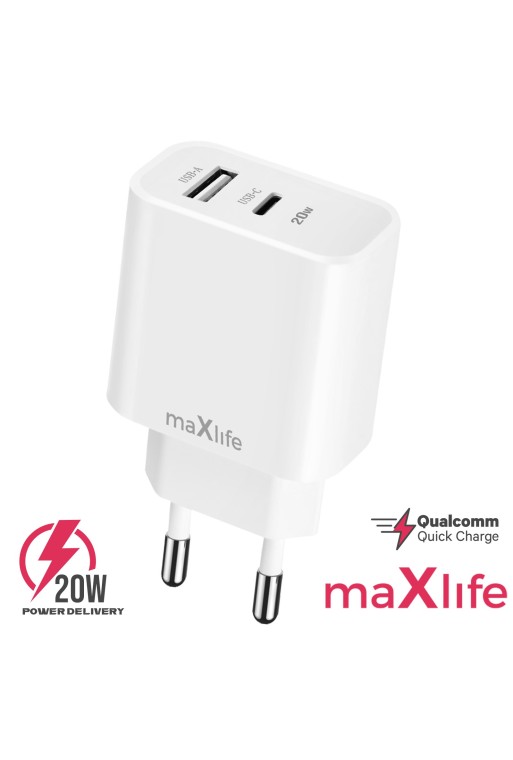 Caricabatterie USB e USB-C Power Delivery 20W Maxlife - bianco