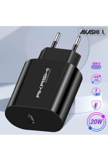 Caricabatterie da Parete USB-C Akashi Carica Rapida 20 W - Nero