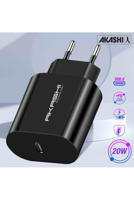 Caricabatterie da Parete USB-C Akashi Carica Rapida 20 W - Nero
