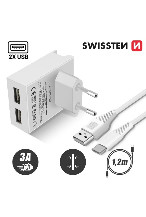 Caricabatterie da parete doppio USB 3A con cavo Smart IC USB-C serie Swissten Slim - bianco