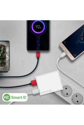 Caricabatterie da parete doppio USB 3A con cavo Smart IC USB-C serie Swissten Slim - bianco