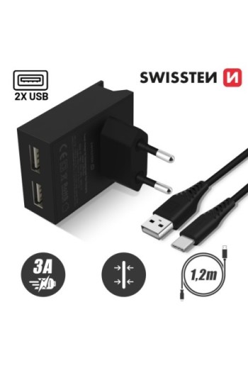 Caricabatterie da parete USB doppio 3A con cavo Smart IC USB-C serie Swissten Slim - nero
