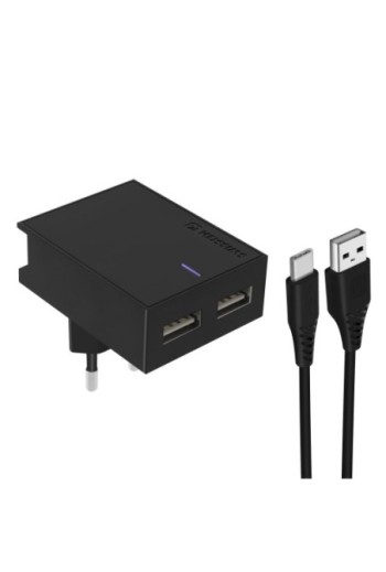 Caricabatterie da parete USB doppio 3A con cavo Smart IC USB-C serie Swissten Slim - nero