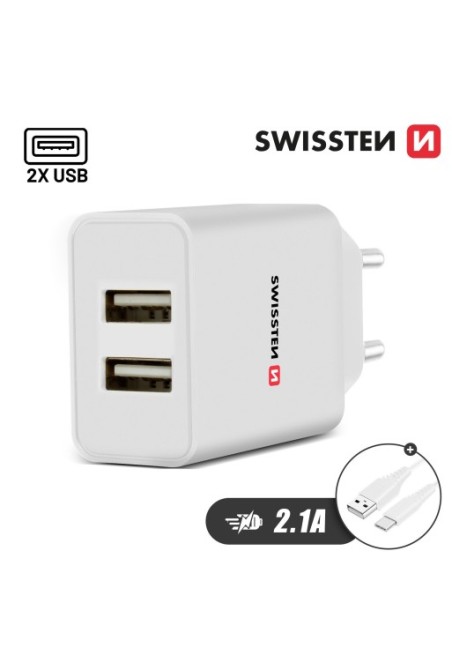 Caricabatterie da parete doppio USB 2.1A con cavo Smart IC USB-C Swissten - Bianco