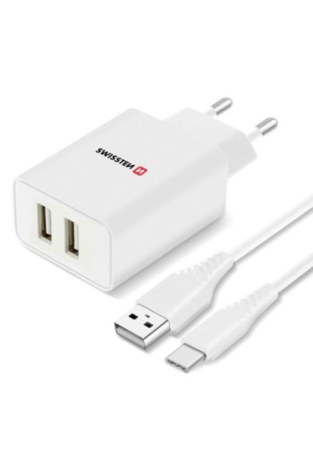 Caricabatterie da parete doppio USB 2.1A con cavo Smart IC USB-C Swissten - Bianco