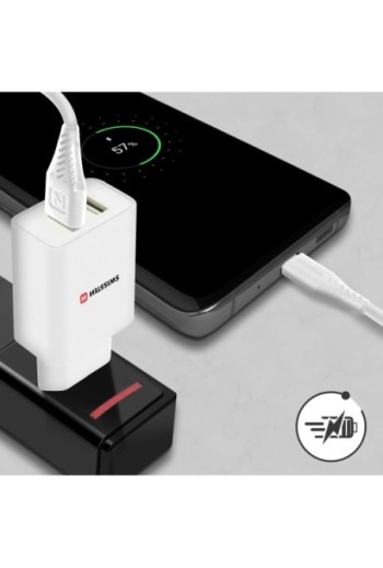 Caricabatterie da parete doppio USB 2.1A con cavo Smart IC USB-C Swissten - Bianco
