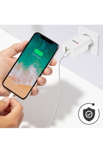 Caricabatterie da parete doppio USB 2.1A con cavo Smart IC USB-C Swissten - Bianco
