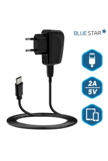 Caricabatterie 2A/5V + Cavo USB Type C Bluestar - Nero per Smartphone e Tablet
