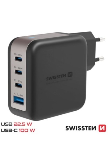 Caricatore da muro GaN 100W 3x USB-C + USB compatto – Swissten Nero