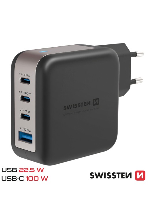 Caricatore da muro GaN 100W 3x USB-C + USB compatto – Swissten Nero