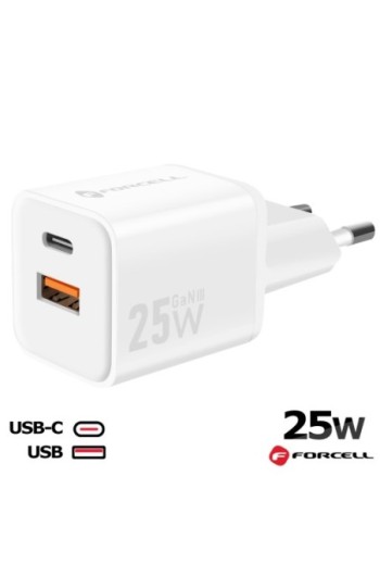 Caricatore da Muro GaN III 25W USB-C + USB - Forcell F-Energy Mini Bianco