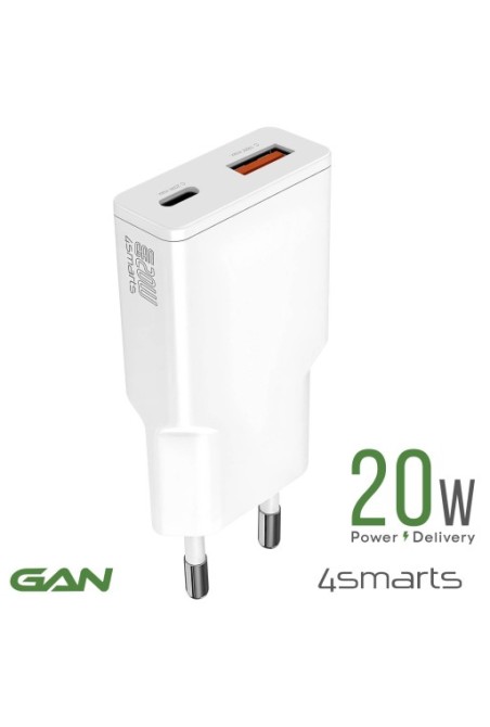 Caricabatterie da muro USB-C GaN 20W + USB - 4smarts PDPlug Duos Slim bianco