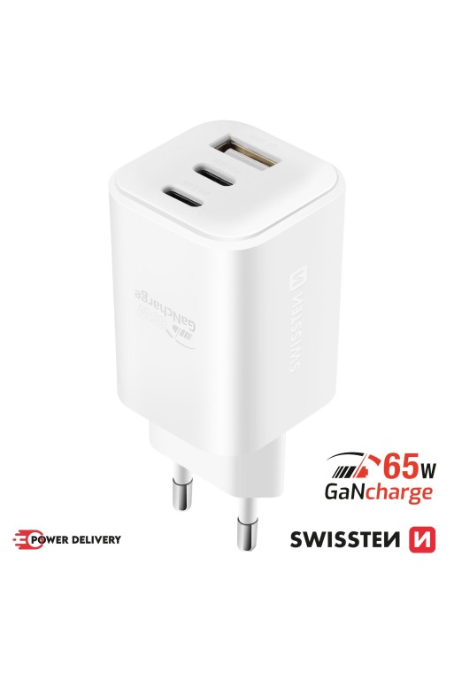 Caricabatterie USB-C GaN 65W + USB 18W - carica rapida PC / MacBook Swissten bianco