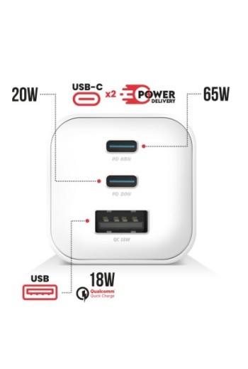 Caricabatterie USB-C GaN 65W + USB 18W - carica rapida PC / MacBook Swissten bianco